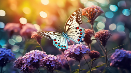 Butterfly on purple flowers with bokeh lights background.の素材