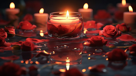 Burning candles and rose petals on dark background, closeupの素材