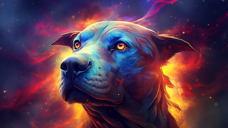 Portrait of a dog with fire in the background. Digital painting.の素材