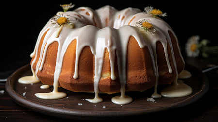 Vanilla bundt cake with white glaze and daisiesの素材