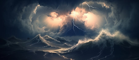 Fantasy landscape with stormy clouds and lightning. 3d illustrationの素材