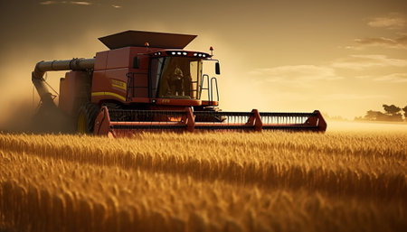 Combine harvester working on wheat field. 3D illustrationの素材