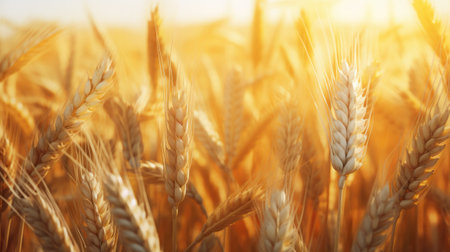 Wheat field. Ears of golden wheat close up. Rich harvest Concept.の素材