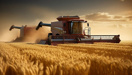 Combine harvester working on wheat field. 3D illustrationの素材