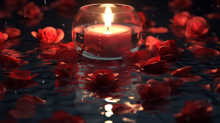 Burning candle with rose petals on dark background, closeupの素材