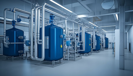 3d rendering of blue gas tanks in a modern boiler room.の素材