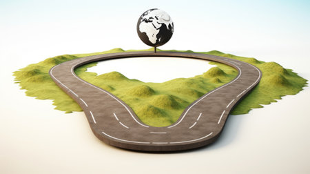 Road in the grass with earth globe. 3D illustration. Earth Day conceptの素材