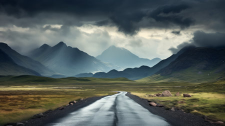 Dramatic landscape of mountains and road in Iceland, Europe.の素材