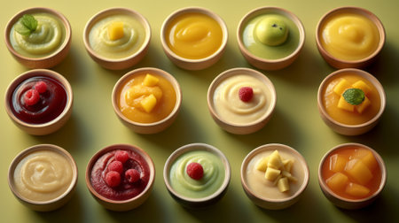 Different types of custard in bowls on green background, top viewの素材