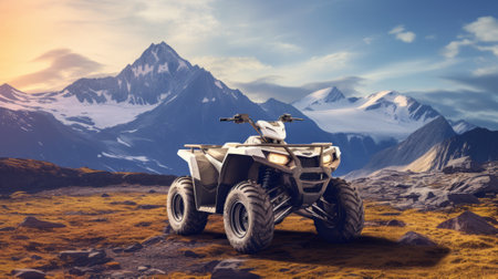 3D rendering of a quad bike in an alien landscape with mountainsの素材