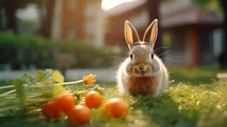 Rabbit and easter eggs in the garden. Easter concept.の素材