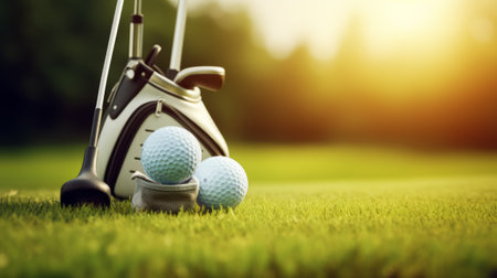 Golf equipment and golf ball on green grass at golf course.の素材