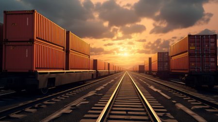 Cargo freight train with containers at sunset. Freight transportation.の素材