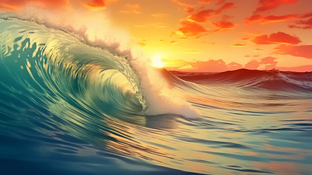 Beautiful ocean wave at sunset. 3D rendered illustration of a sea wave.の素材