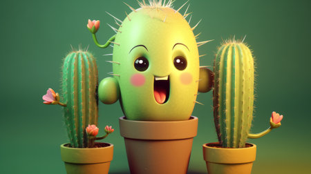 Cute cactus character in a pot. 3d illustration.の素材