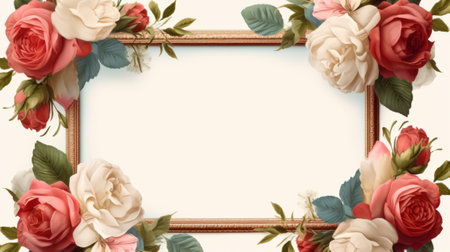 Vintage frame with roses and leaves on white background, copy spaceの素材