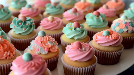 Cupcakes decorated with colorful buttercream and sprinkles, closeupの素材