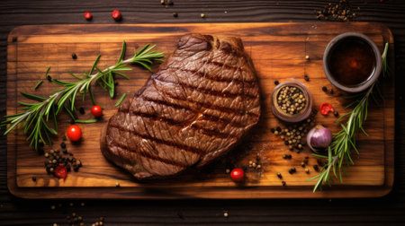 Grilled beef steak with rosemary and spices on a wooden boardの素材