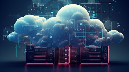 Cloud computing and data storage concept. 3d rendering toned image double exposureの素材