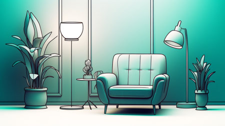 interior design of living room with armchair, lamp and plantsの素材