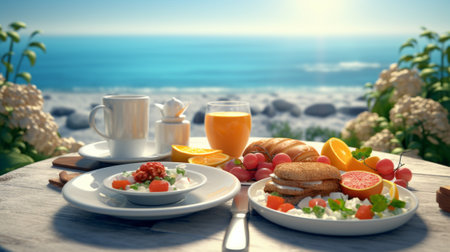 Breakfast on the beach with a cup of coffee, croissants, orange juice, berries and fruitsの素材