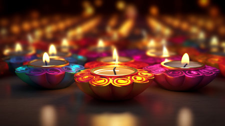 3d rendering of diwali diya lit with colorful lightsの素材