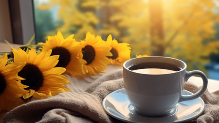 Cup of coffee with sunflowers on the windowsill.の素材