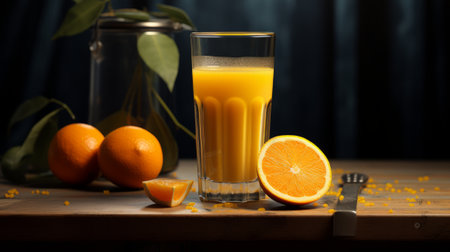 Glass of fresh orange juice and fruits on wooden table. Selective focus.の素材
