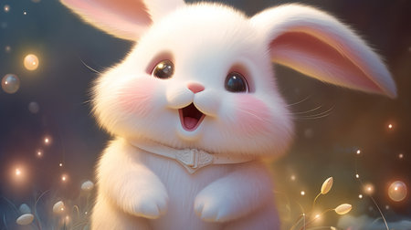 3D rendering of a cute white rabbit on a background of natureの素材