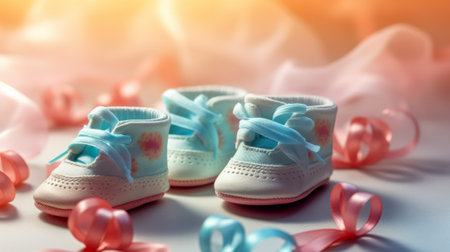 Baby shoes and ribbons on a blue background. Selective focus.の素材