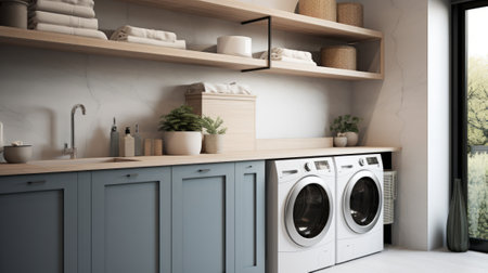 Laundry room interior with washing machine. 3d rendering.の素材