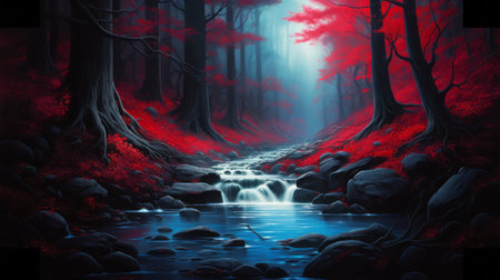 Mysterious dark forest with a waterfall. 3D rendering.の素材