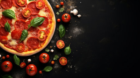 Pizza with mozzarella, tomatoes and basil on black backgroundの素材