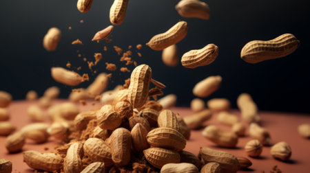 Flying peanuts on a dark background. Shallow depth of field.の素材