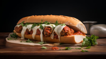 Baguette with meatballs, tomato sauce and parsley.の素材