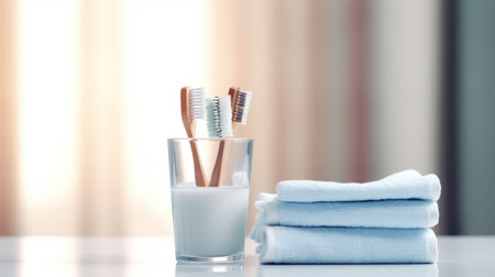 Toothbrushes in a glass with toothpaste and towels.の素材