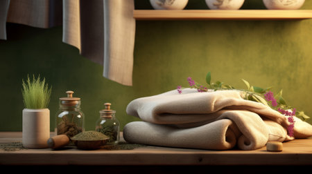 Spa still life with towels, sea salt and flowers on wooden shelfの素材