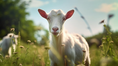 Portrait of a goat on the background of the summer landscape.の素材