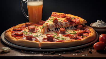 Pizza with salami and mozzarella cheese on a black backgroundの素材