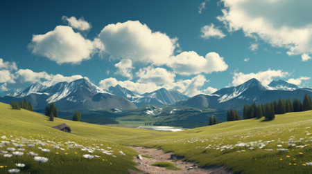 Beautiful landscape with mountains and meadow, 3d rendering. Computer digital drawing.の素材