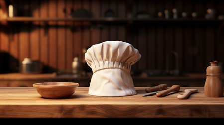 Chef hat and wooden bowl on wooden table in kitchen. 3d renderingの素材