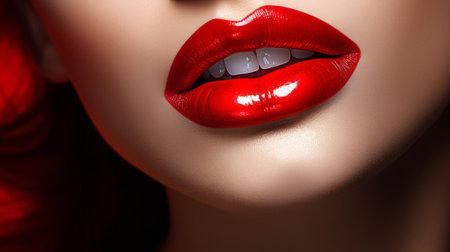 Close-up portrait of beautiful woman's lips with red lipstick.の素材