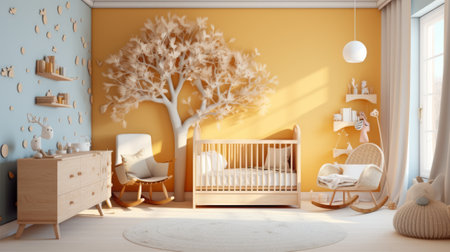 3d rendering of a children's room with a crib, a rocking chair and a tree.の素材