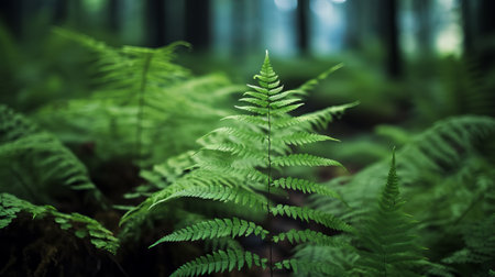 Ferns in the forest. Nature background. Shallow depth of field.の素材