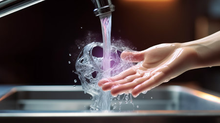 Close up of human hands washing their hands under running water tap.の素材