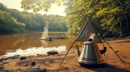 Camping on the river bank with a kettle and a tent.の素材