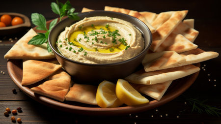 Bowl of hummus with lemon and crackers on wooden backgroundの素材