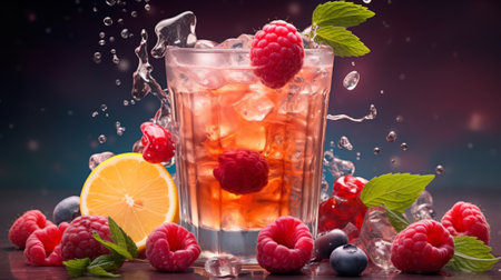 Refreshing summer drink with raspberries, blueberries and lemonの素材