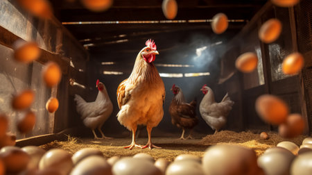 chickens and chickens in the henhouse with eggshellsの素材