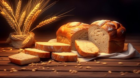 Variety of bread and wheat ears on wooden background. Toned.の素材
